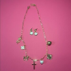 Charming Gold Necklace and Earring Set with Heart and Cross